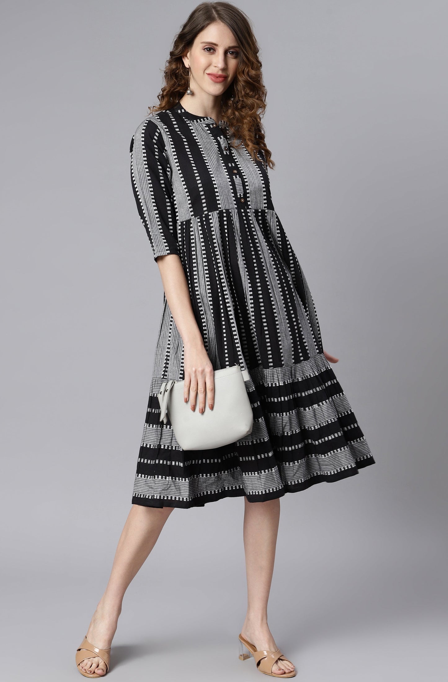 Indian Clothing Janasya Women's Black Cotton Striped Flared Western Dress | Swadesiicart