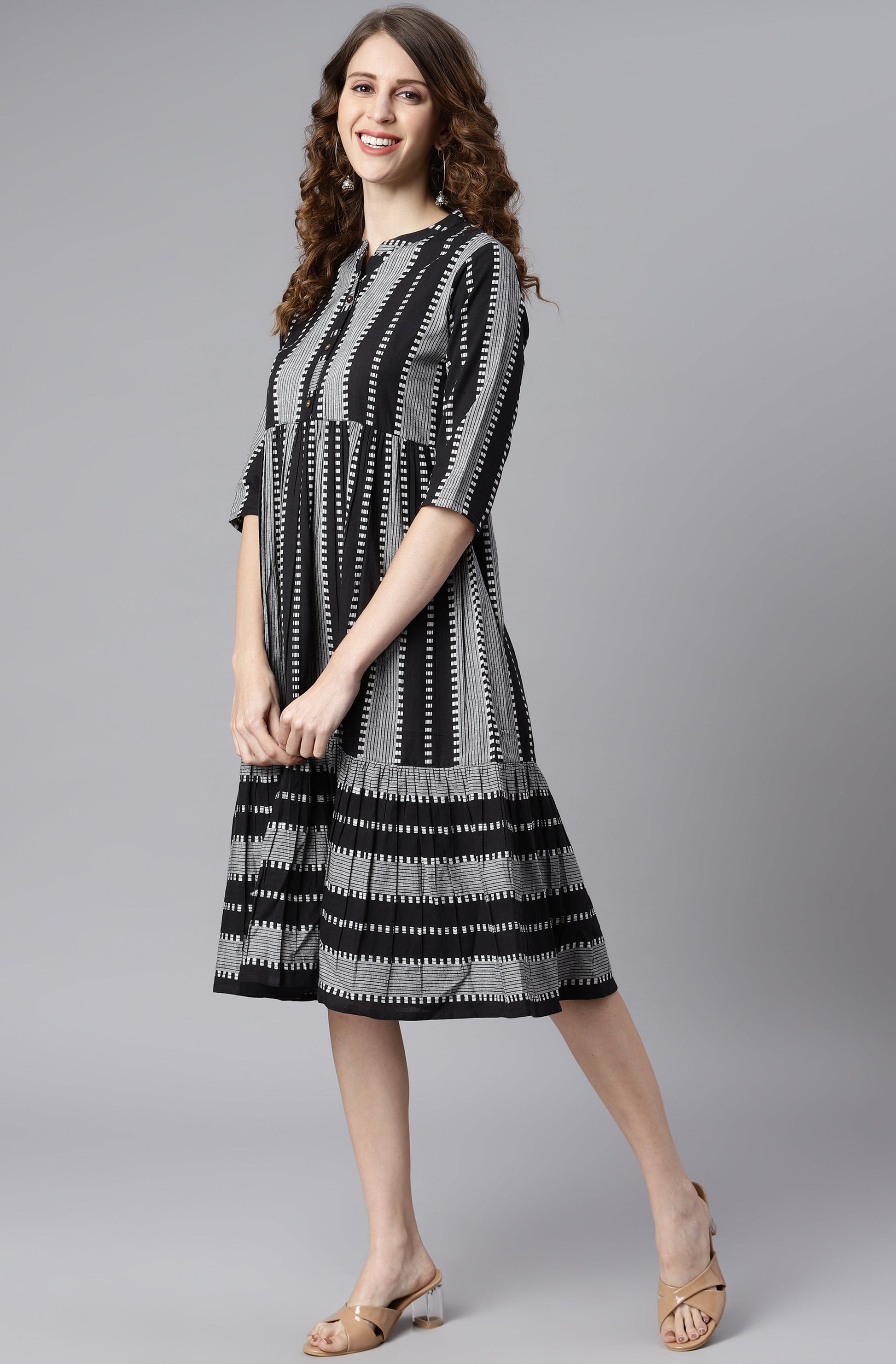 Indian Clothing Janasya Women's Black Cotton Striped Flared Western Dress | Swadesiicart