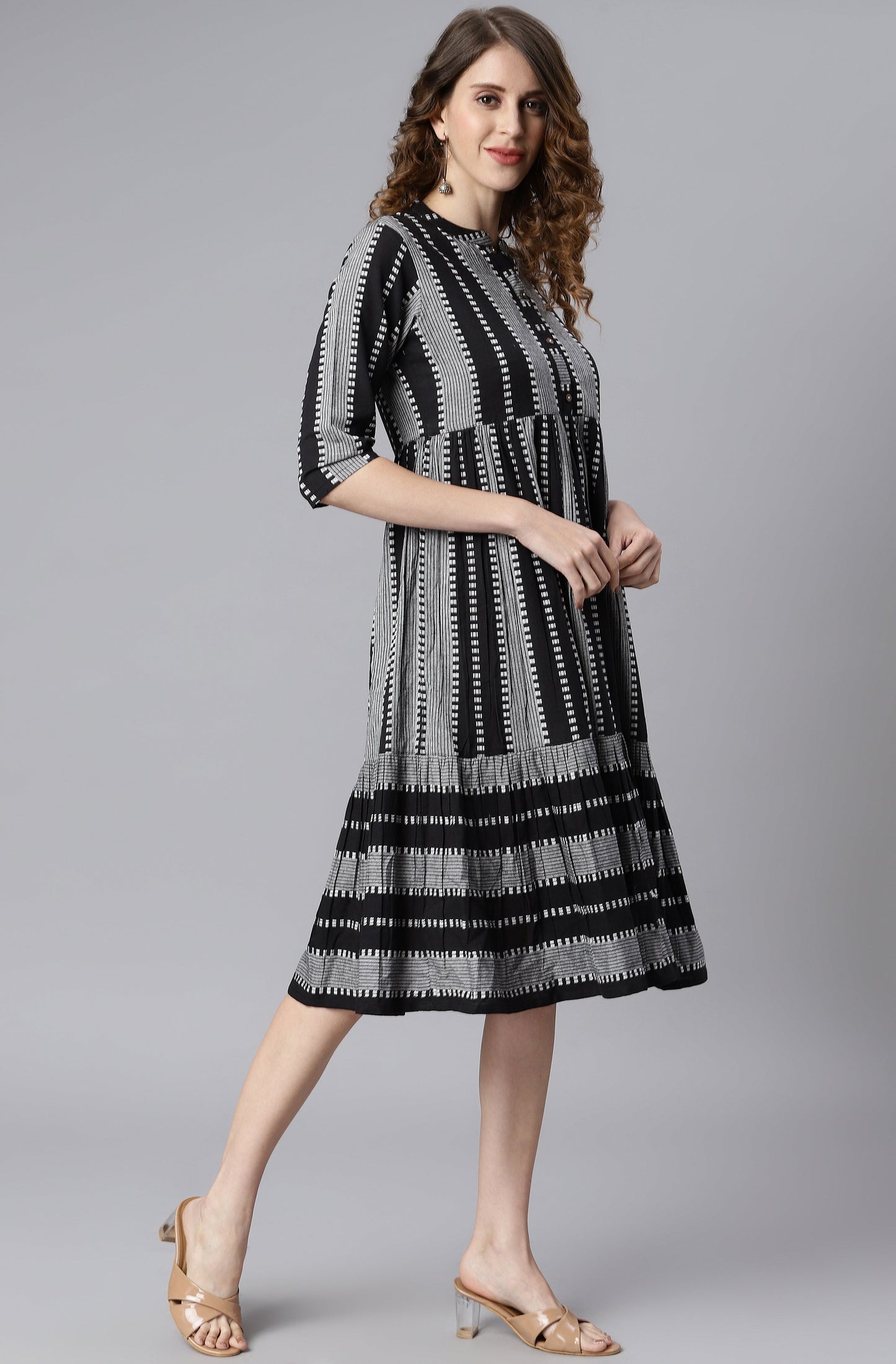 Indian Clothing Janasya Women's Black Cotton Striped Flared Western Dress | Swadesiicart