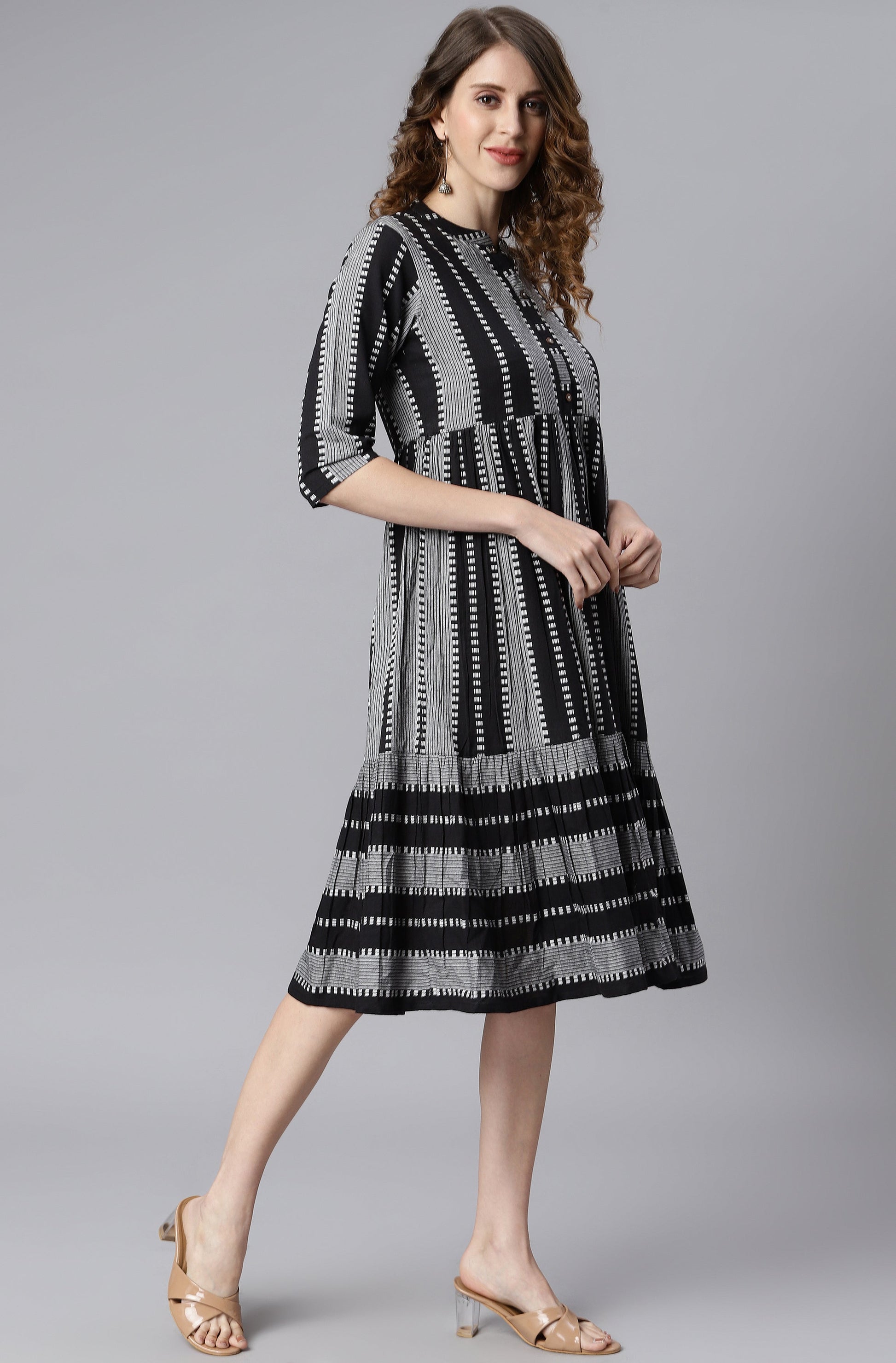 Indian Clothing Janasya Women's Black Cotton Striped Flared Western Dress | Swadesiicart