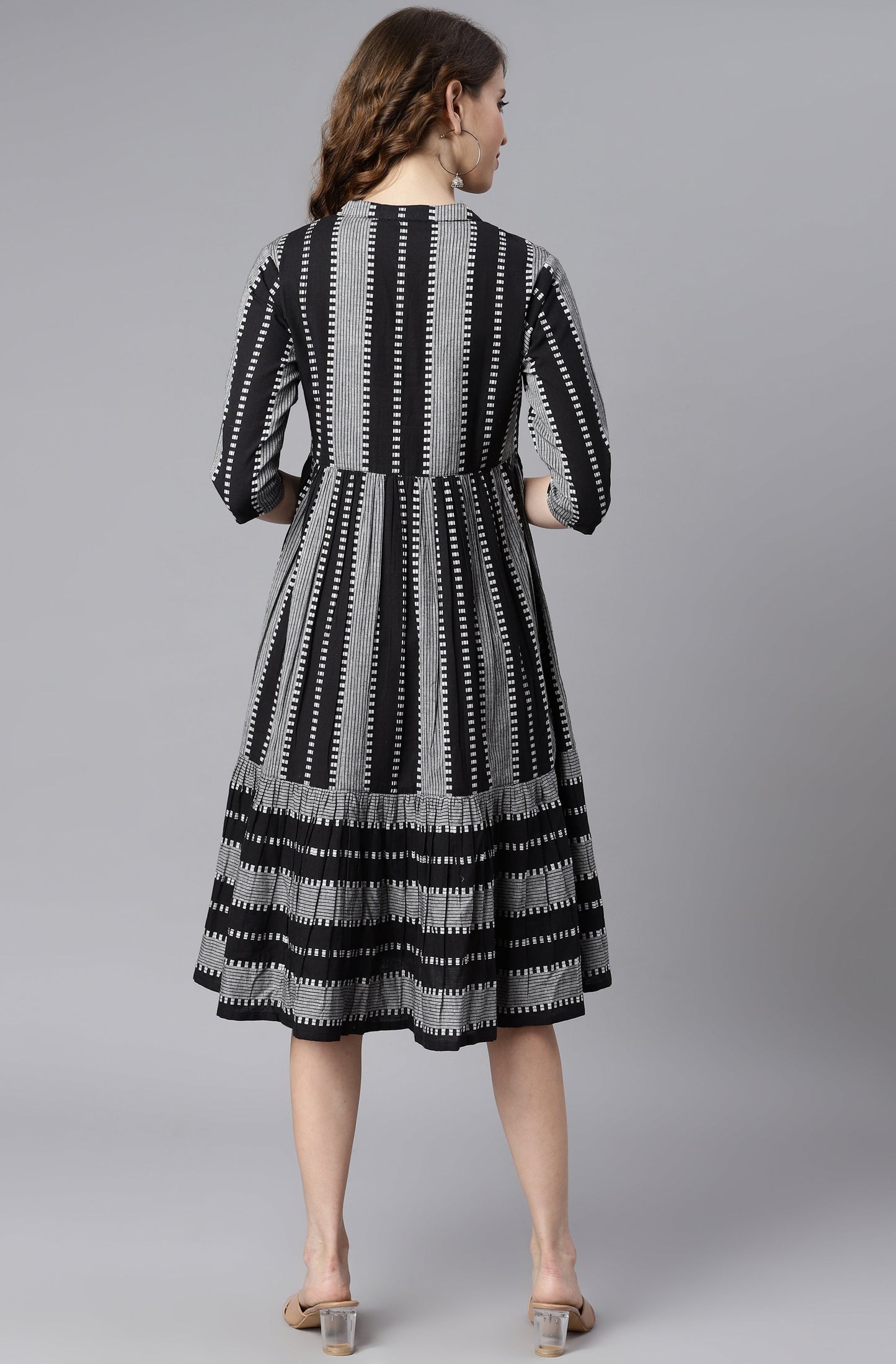 Indian Clothing Janasya Women's Black Cotton Striped Flared Western Dress | Swadesiicart