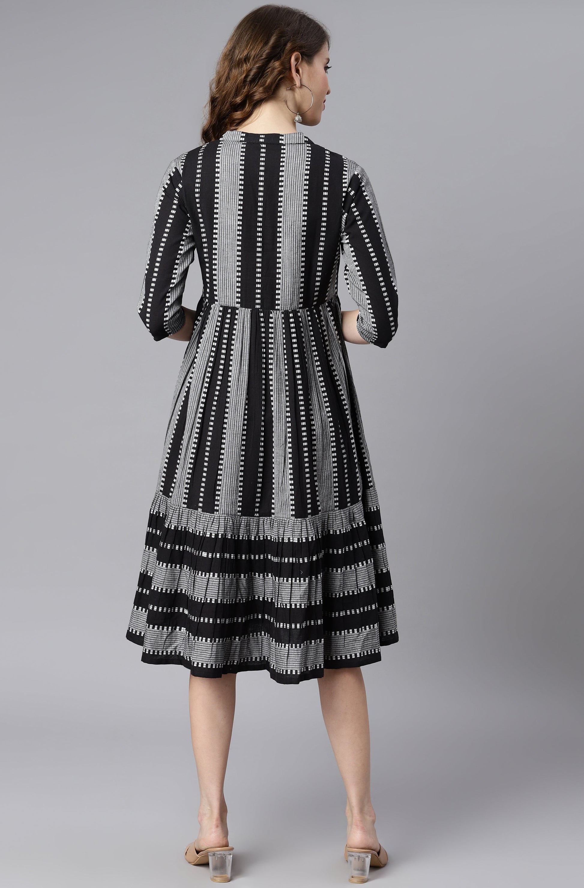 Indian Clothing Janasya Women's Black Cotton Striped Flared Western Dress | Swadesiicart