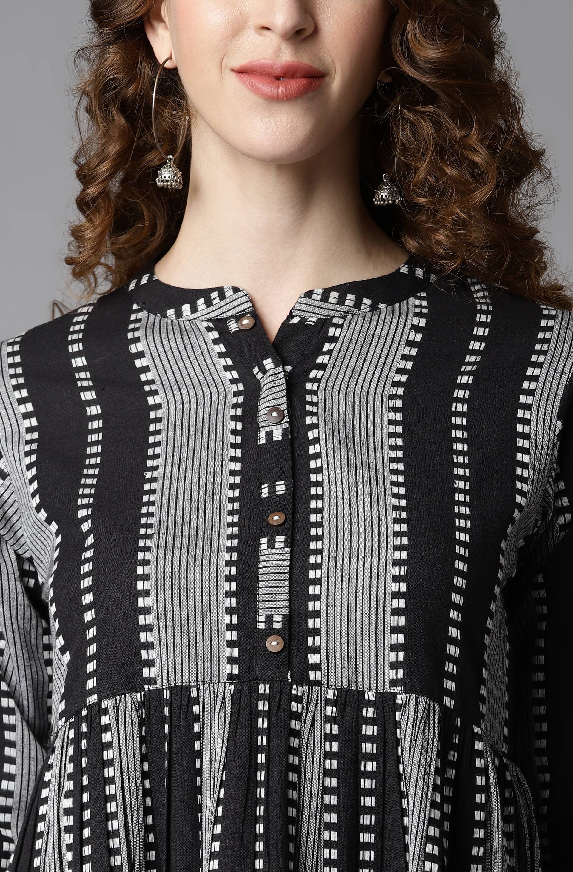 Indian Clothing Janasya Women's Black Cotton Striped Flared Western Dress | Swadesiicart