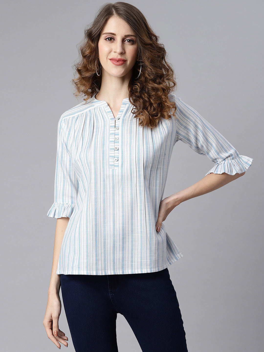 Janasya Women's White Cotton Slub Striped Straight Top | Swadesiicart