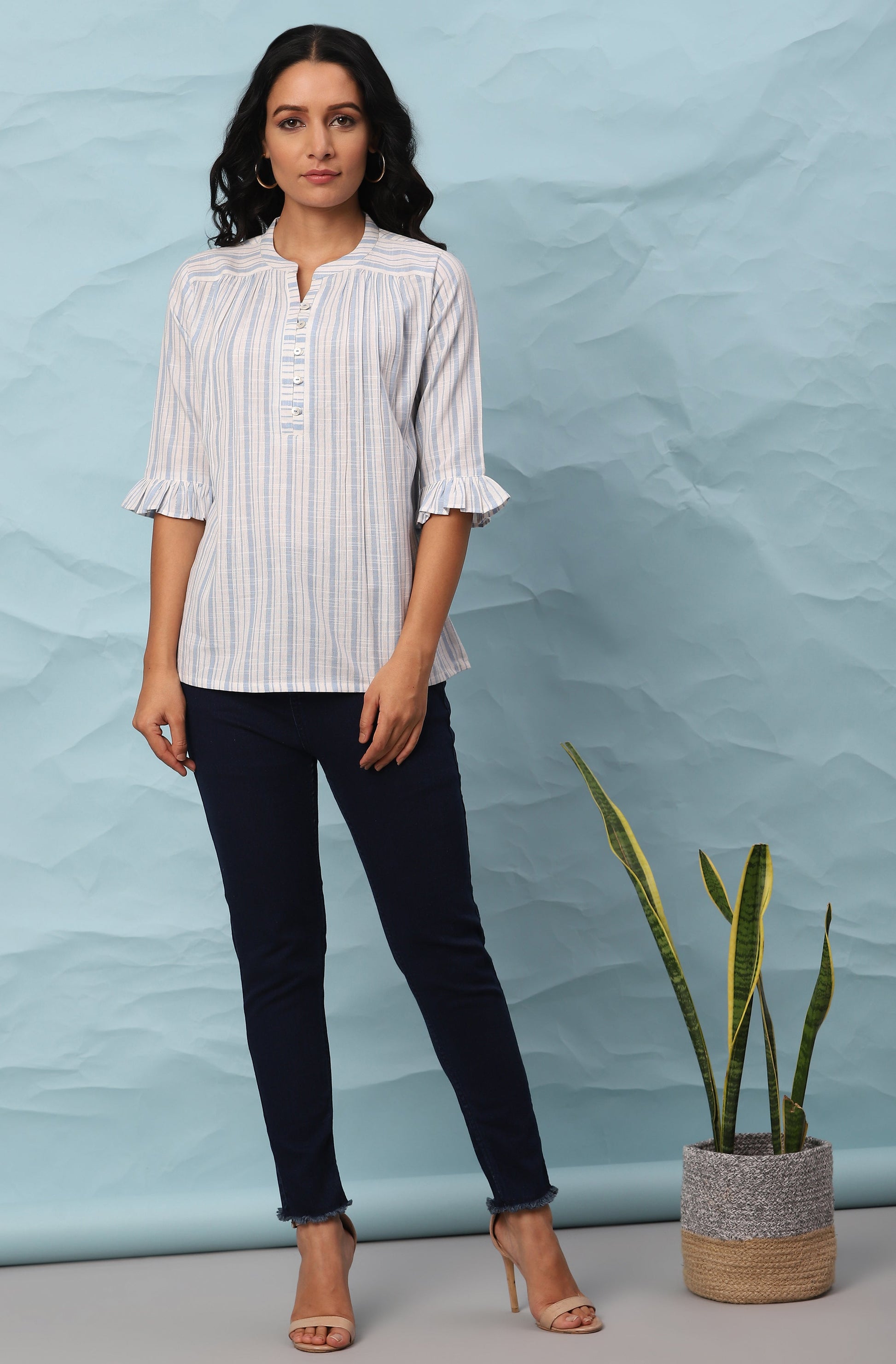 Janasya Women's White Cotton Slub Striped Straight Top | Swadesiicart
