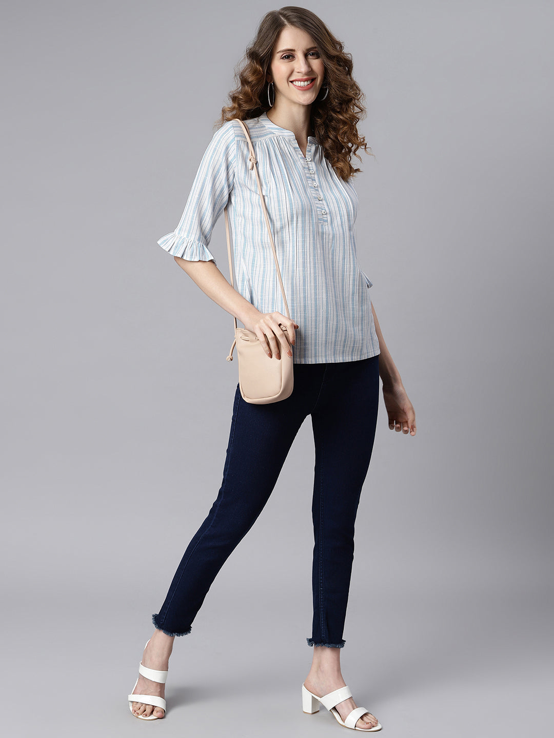 Janasya Women's White Cotton Slub Striped Straight Top | Swadesiicart