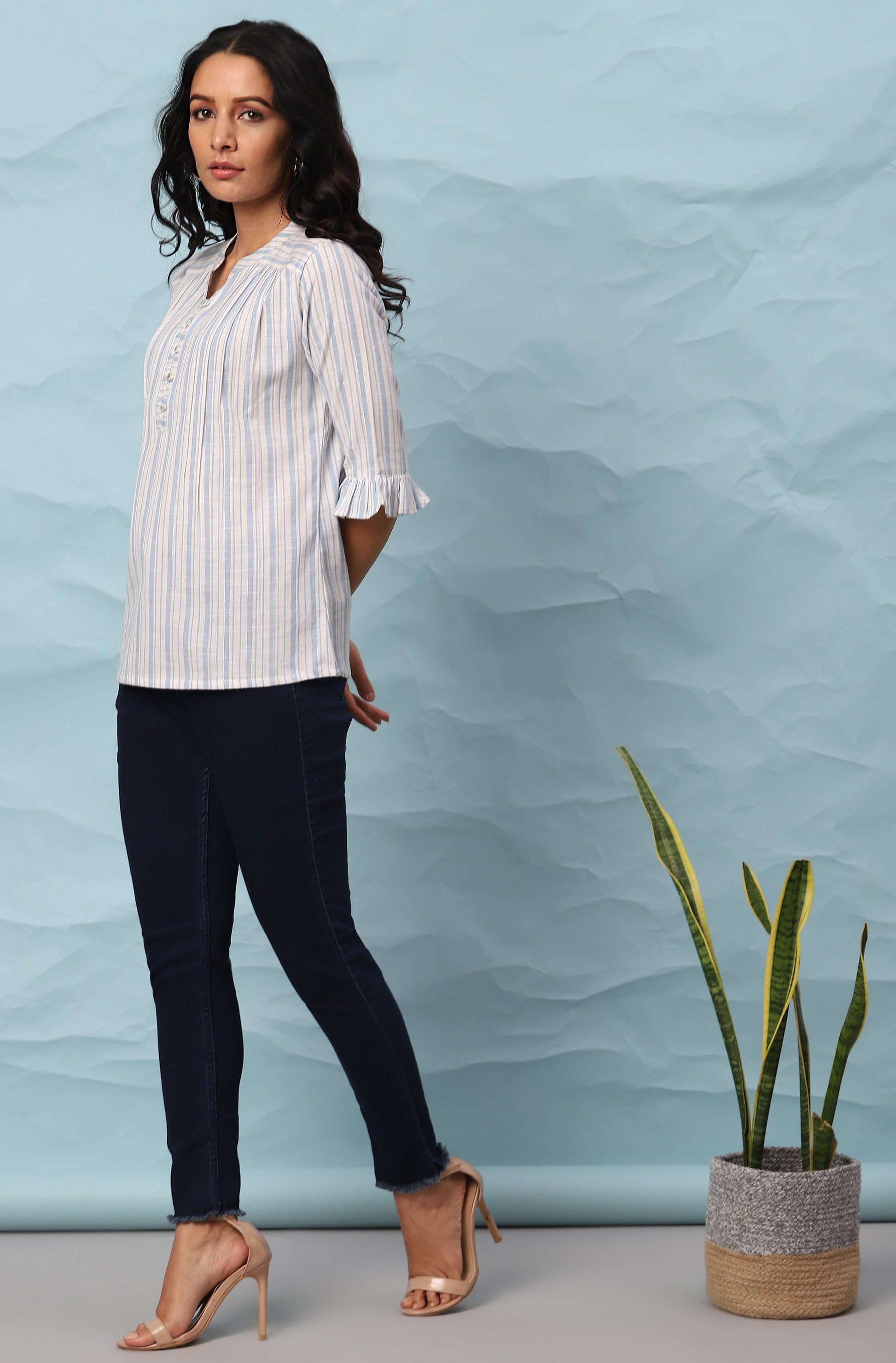 Janasya Women's White Cotton Slub Striped Straight Top | Swadesiicart