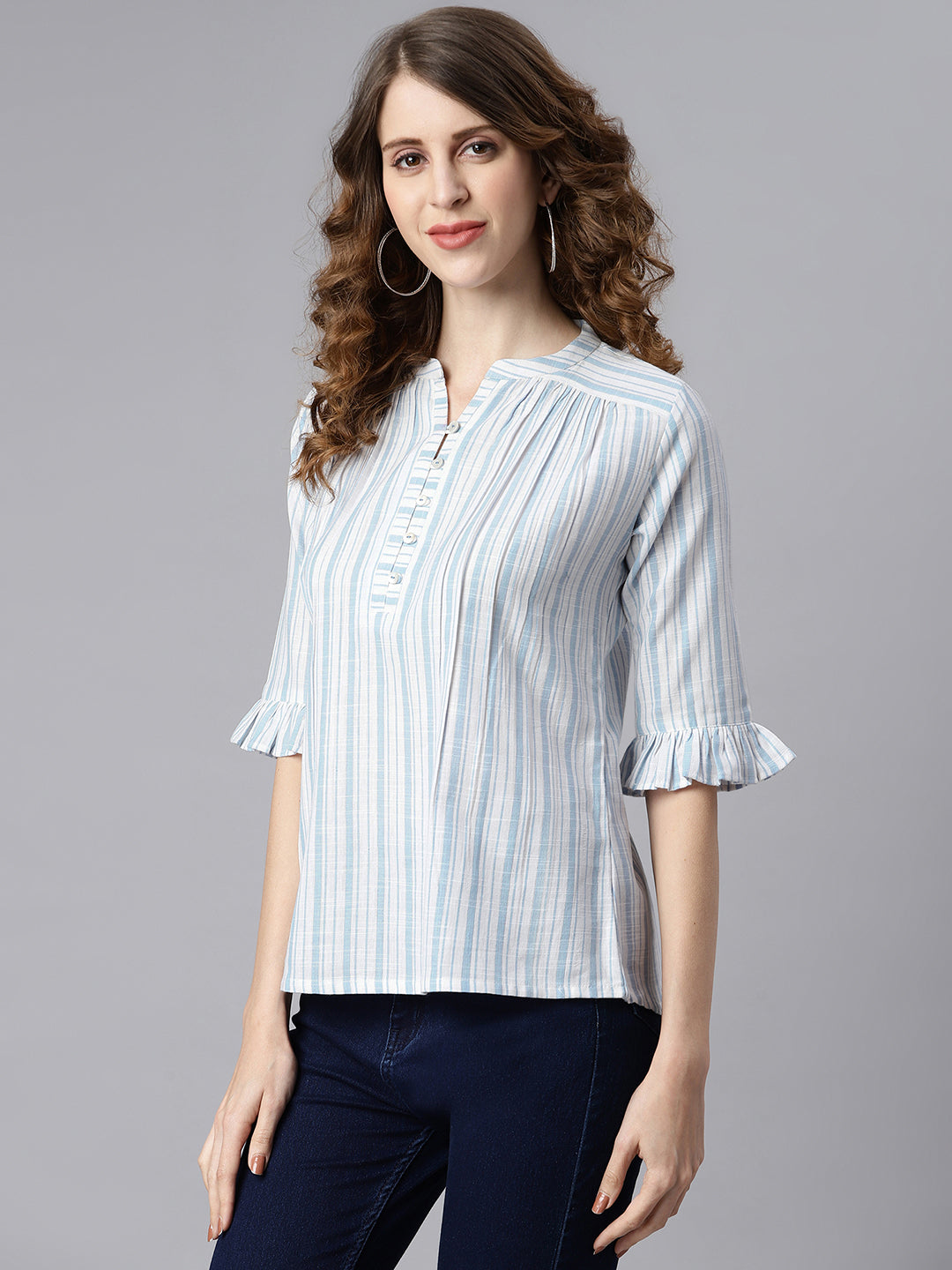 Janasya Women's White Cotton Slub Striped Straight Top | Swadesiicart