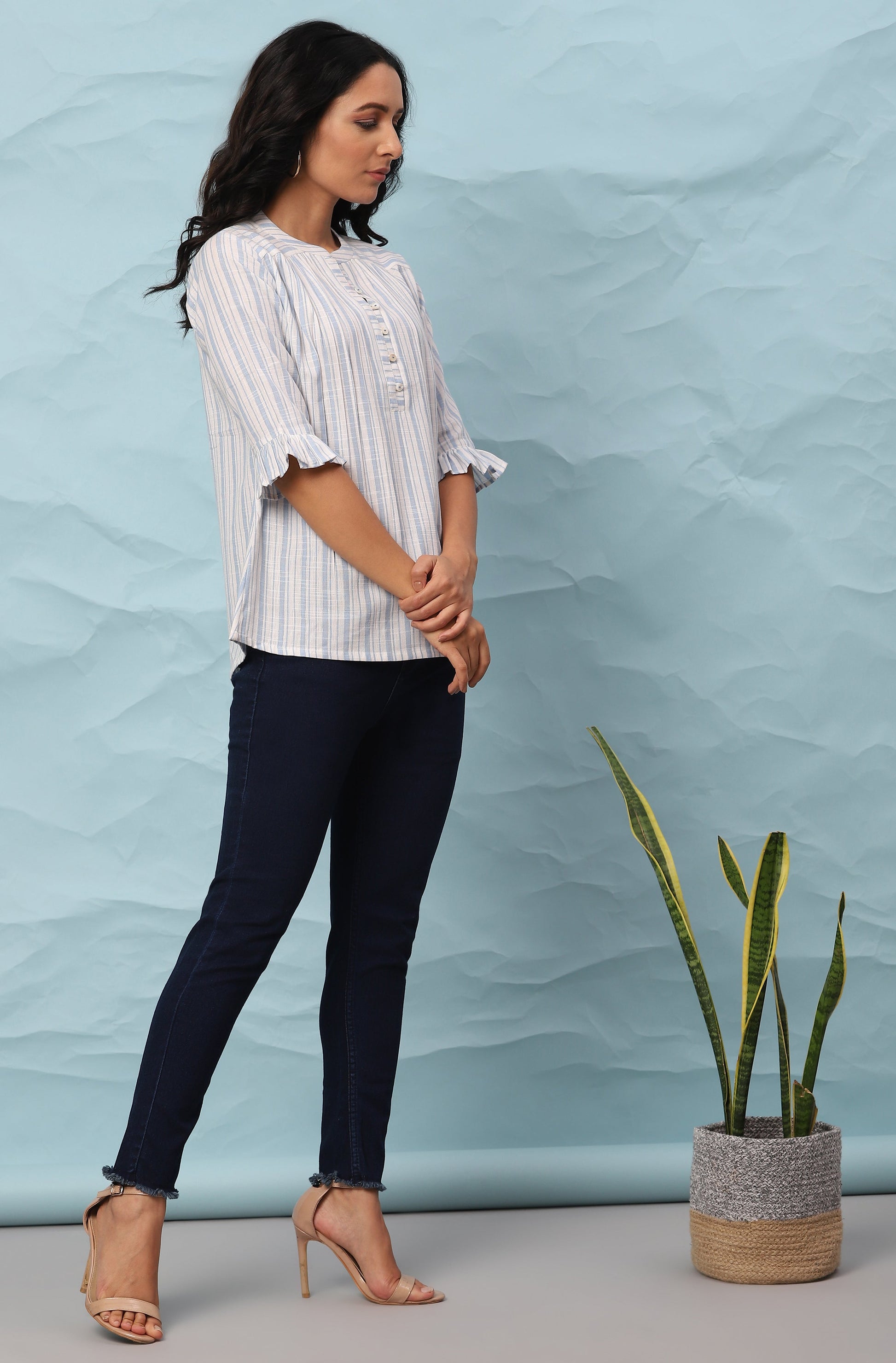 Janasya Women's White Cotton Slub Striped Straight Top | Swadesiicart