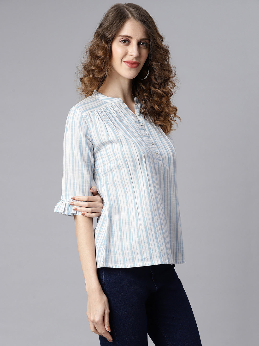 Janasya Women's White Cotton Slub Striped Straight Top | Swadesiicart
