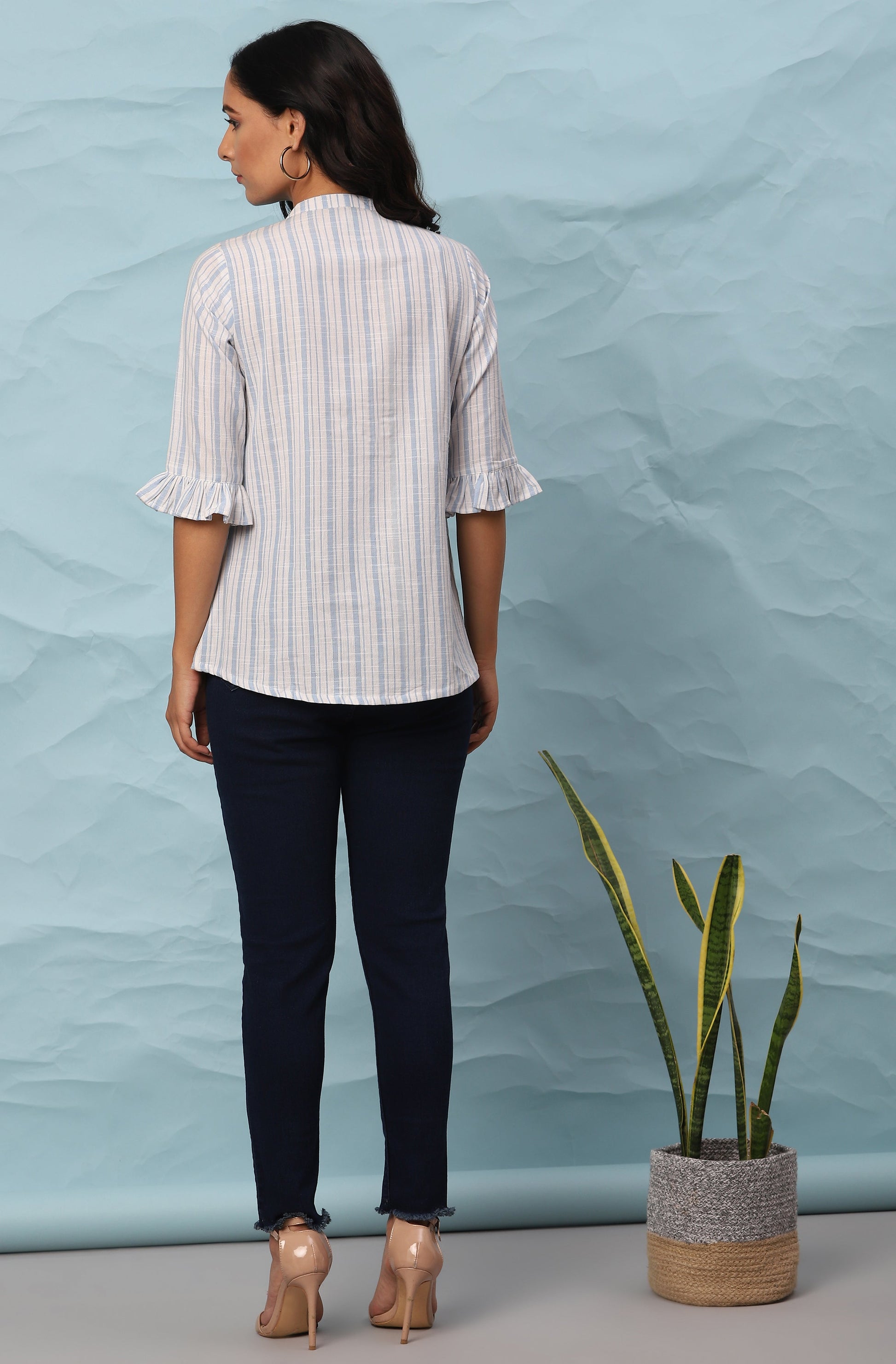 Janasya Women's White Cotton Slub Striped Straight Top | Swadesiicart