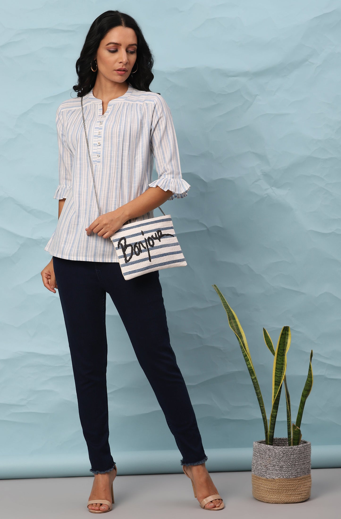 Janasya Women's White Cotton Slub Striped Straight Top | Swadesiicart