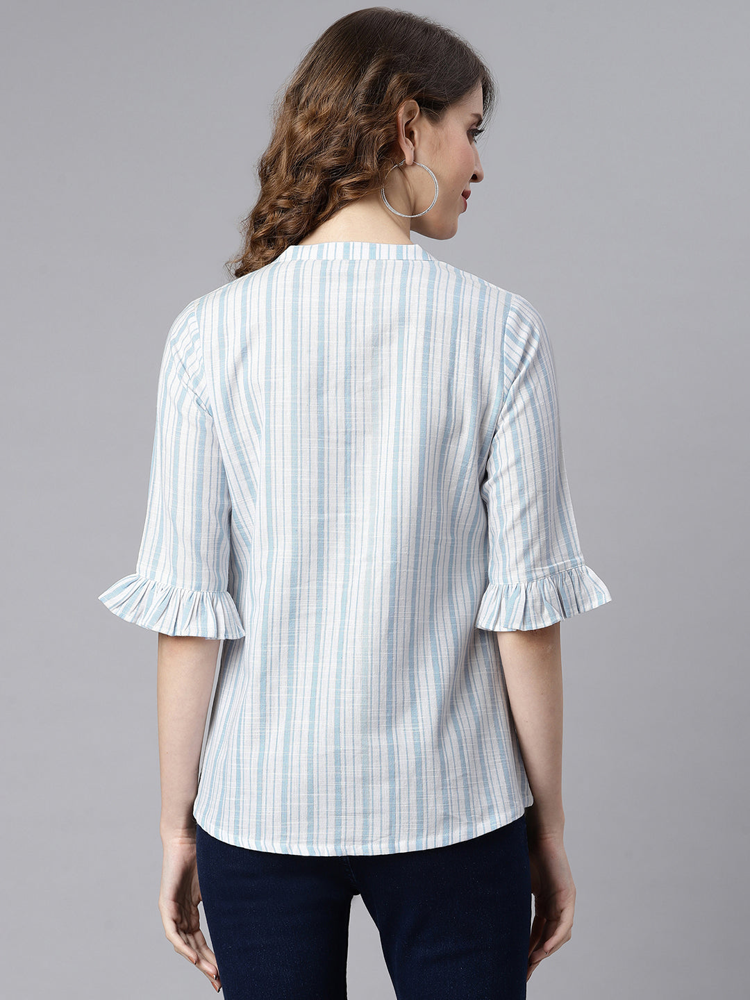 Janasya Women's White Cotton Slub Striped Straight Top | Swadesiicart