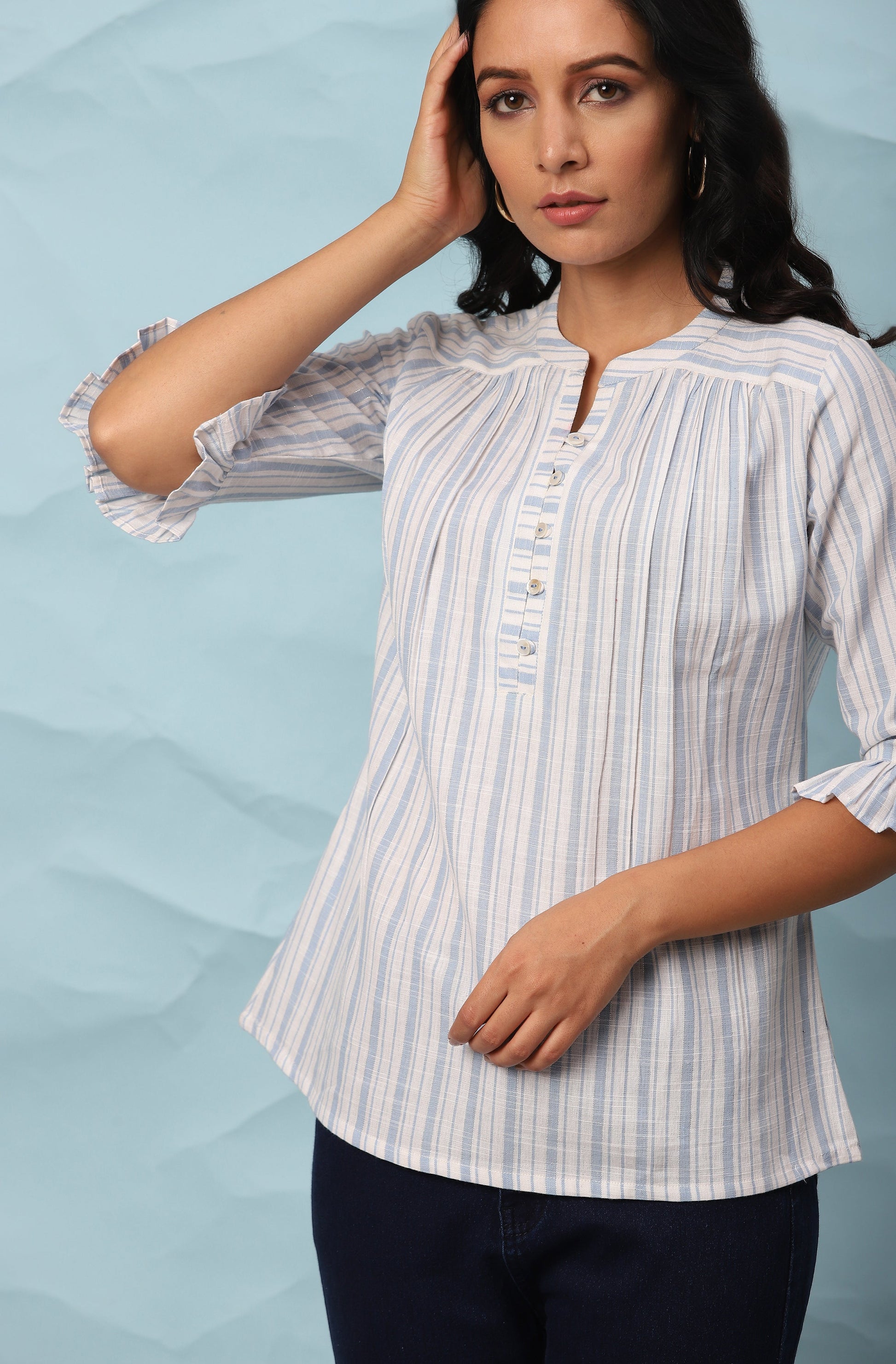 Janasya Women's White Cotton Slub Striped Straight Top | Swadesiicart