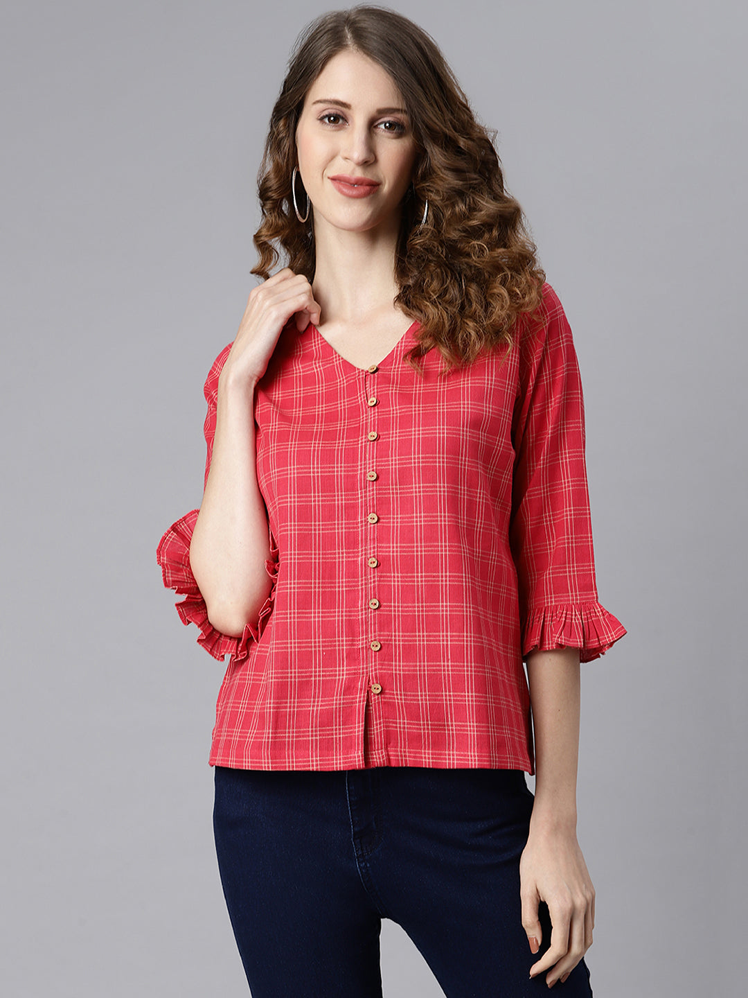 Janasya Women's Red Cotton Checkered Regular Top | Swadesiicart