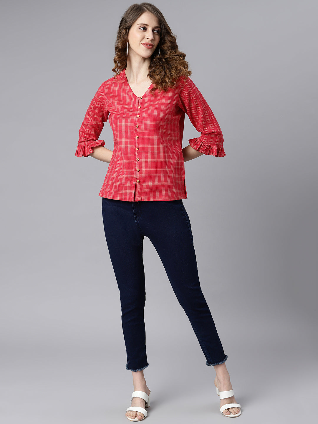Janasya Women's Red Cotton Checkered Regular Top | Swadesiicart