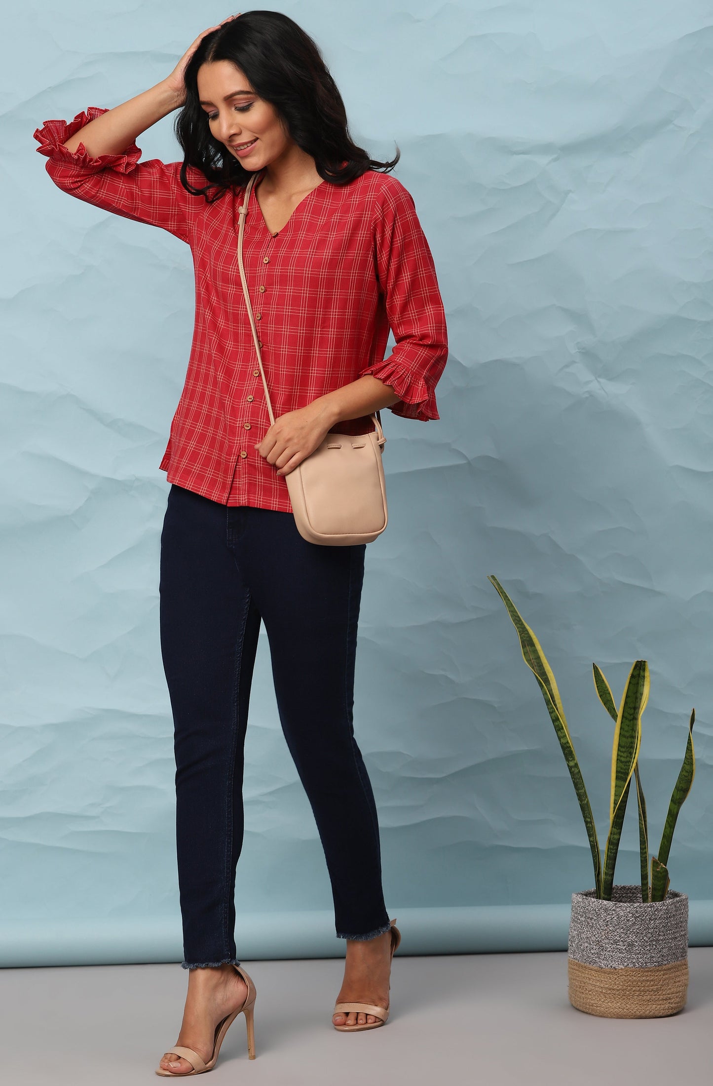 Janasya Women's Red Cotton Checkered Regular Top | Swadesiicart