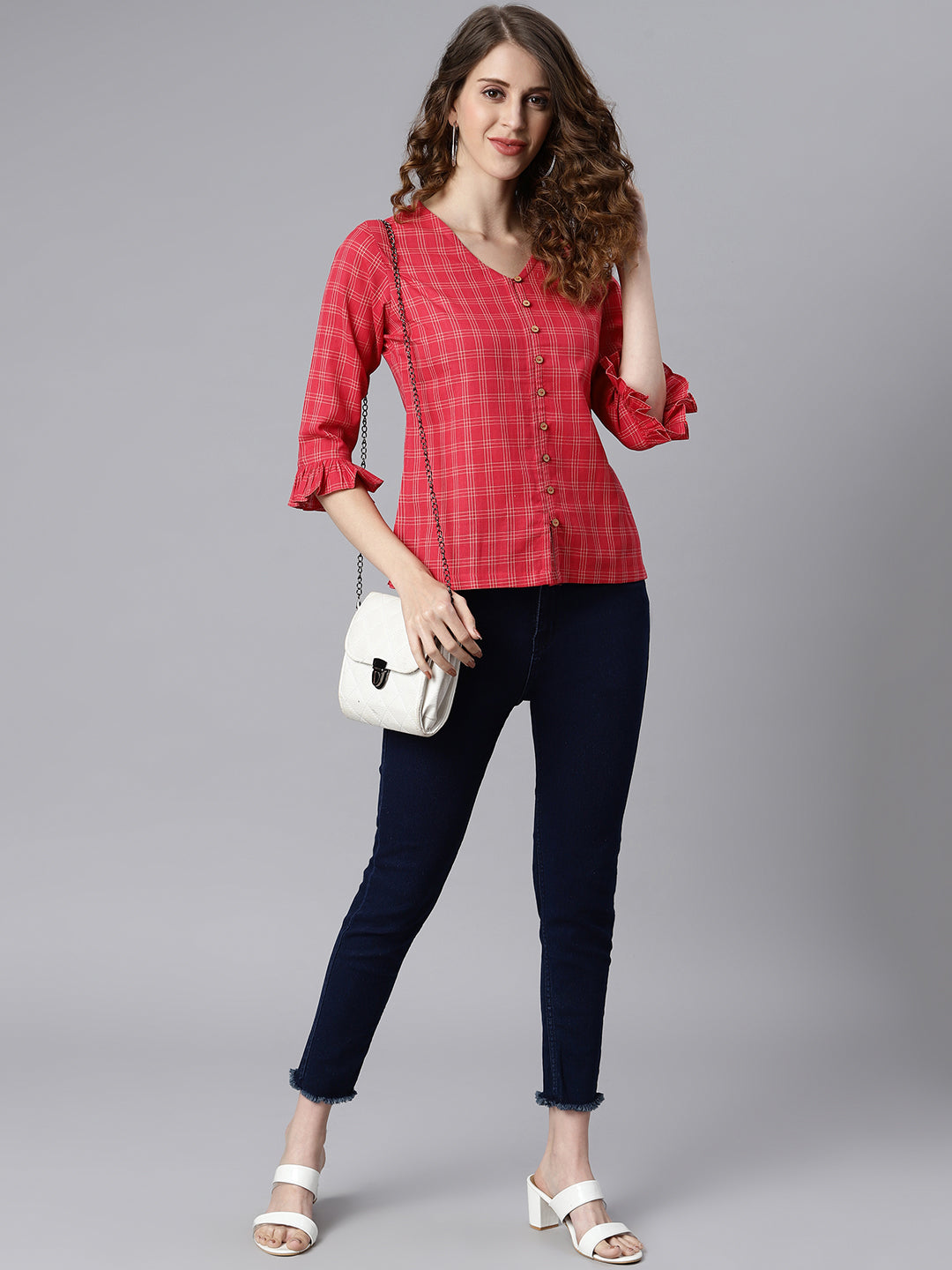 Janasya Women's Red Cotton Checkered Regular Top | Swadesiicart