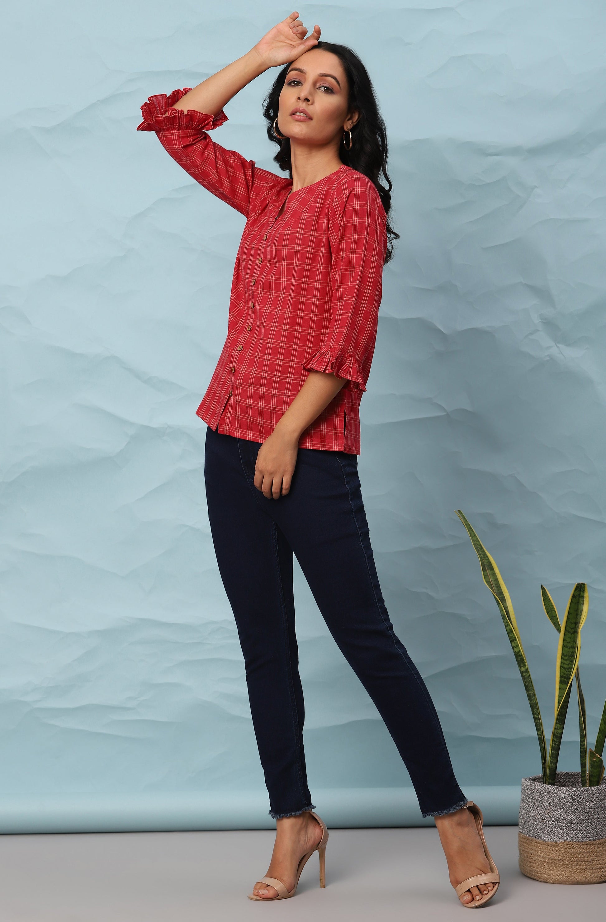 Janasya Women's Red Cotton Checkered Regular Top | Swadesiicart