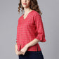 Janasya Women's Red Cotton Checkered Regular Top | Swadesiicart