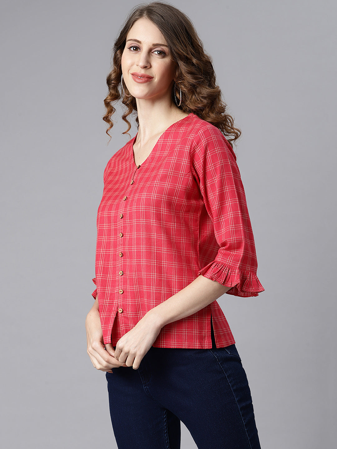 Janasya Women's Red Cotton Checkered Regular Top | Swadesiicart