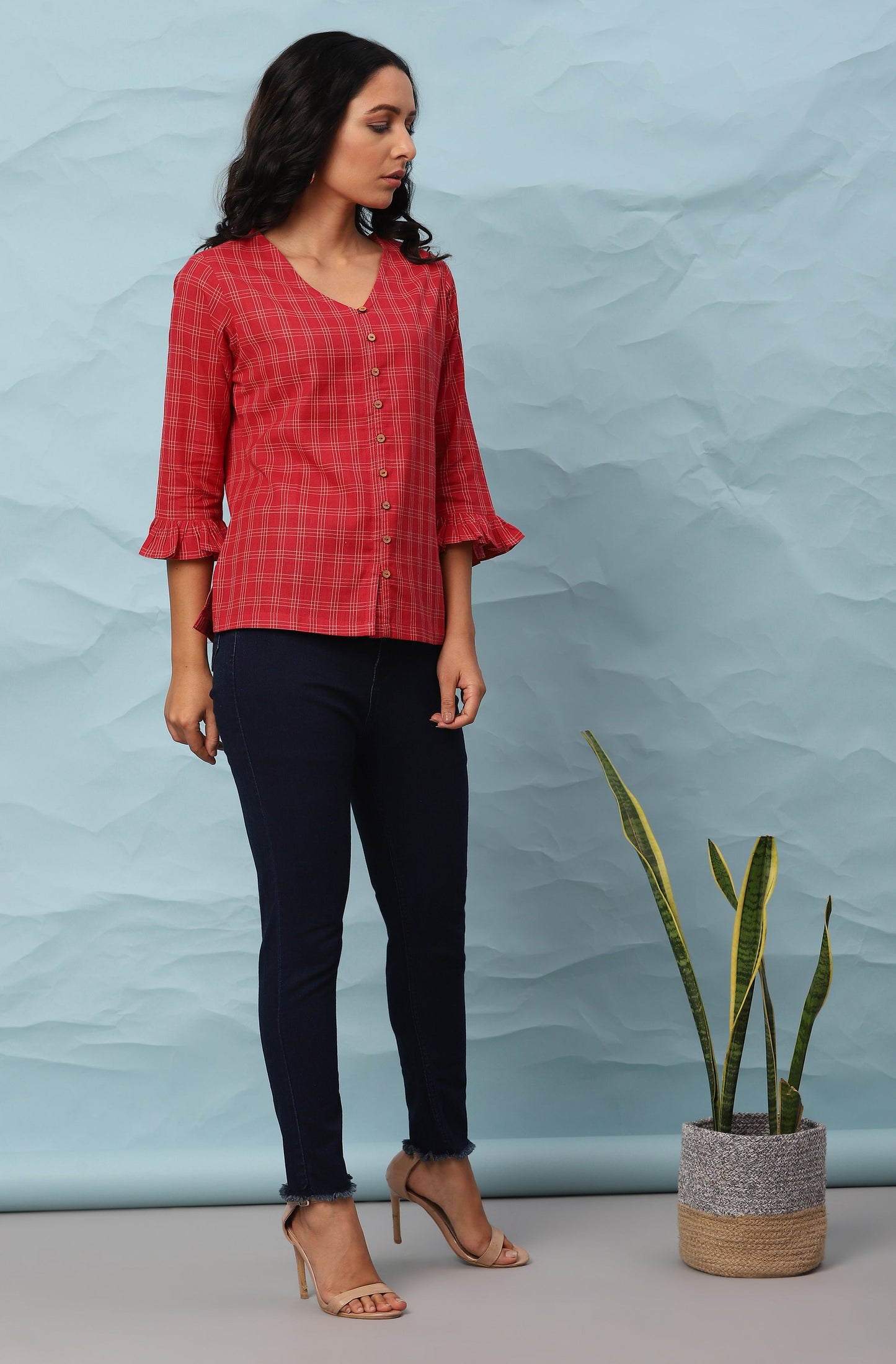 Janasya Women's Red Cotton Checkered Regular Top | Swadesiicart
