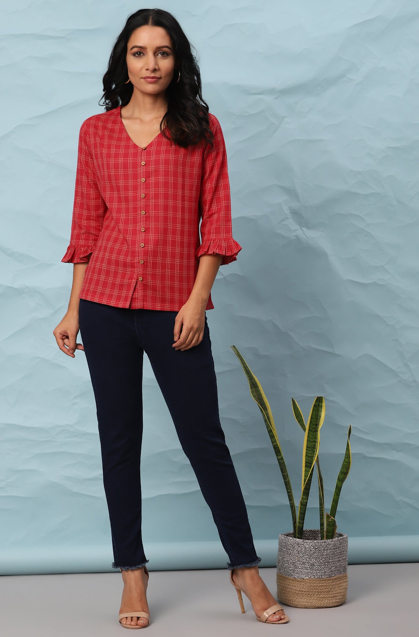 Janasya Women's Red Cotton Checkered Regular Top | Swadesiicart