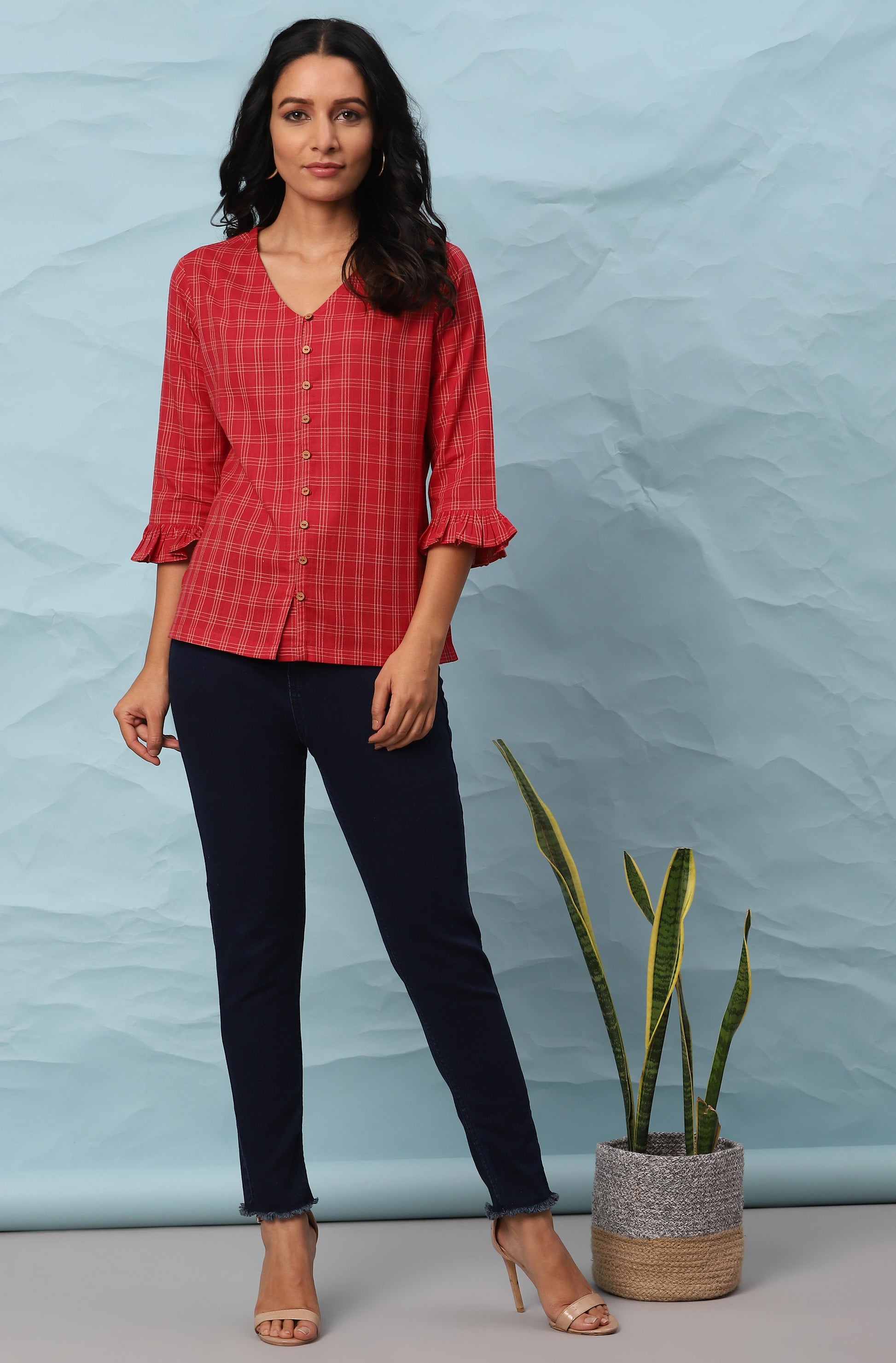 Janasya Women's Red Cotton Checkered Regular Top | Swadesiicart