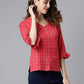 Janasya Women's Red Cotton Checkered Regular Top | Swadesiicart