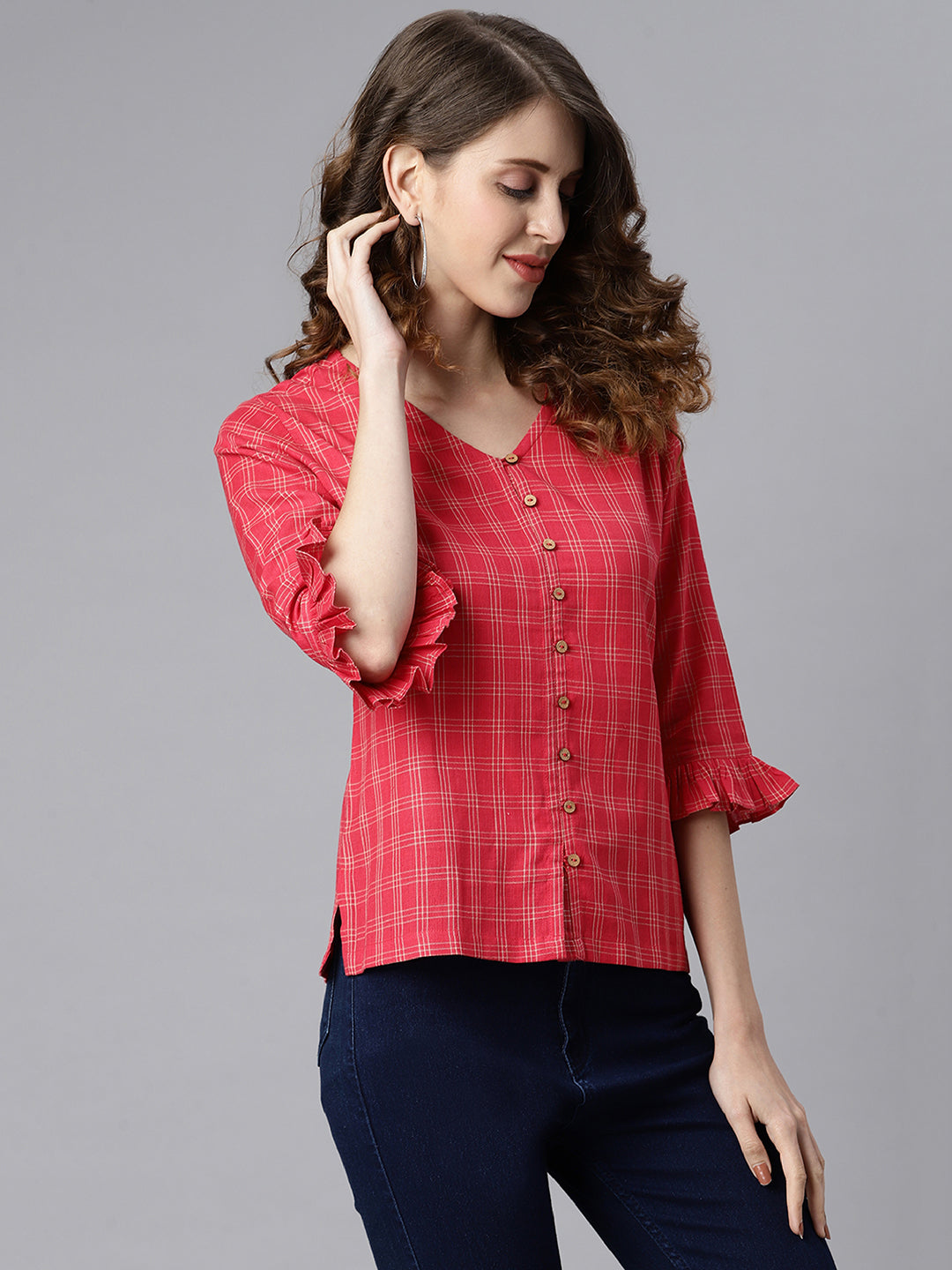 Janasya Women's Red Cotton Checkered Regular Top | Swadesiicart
