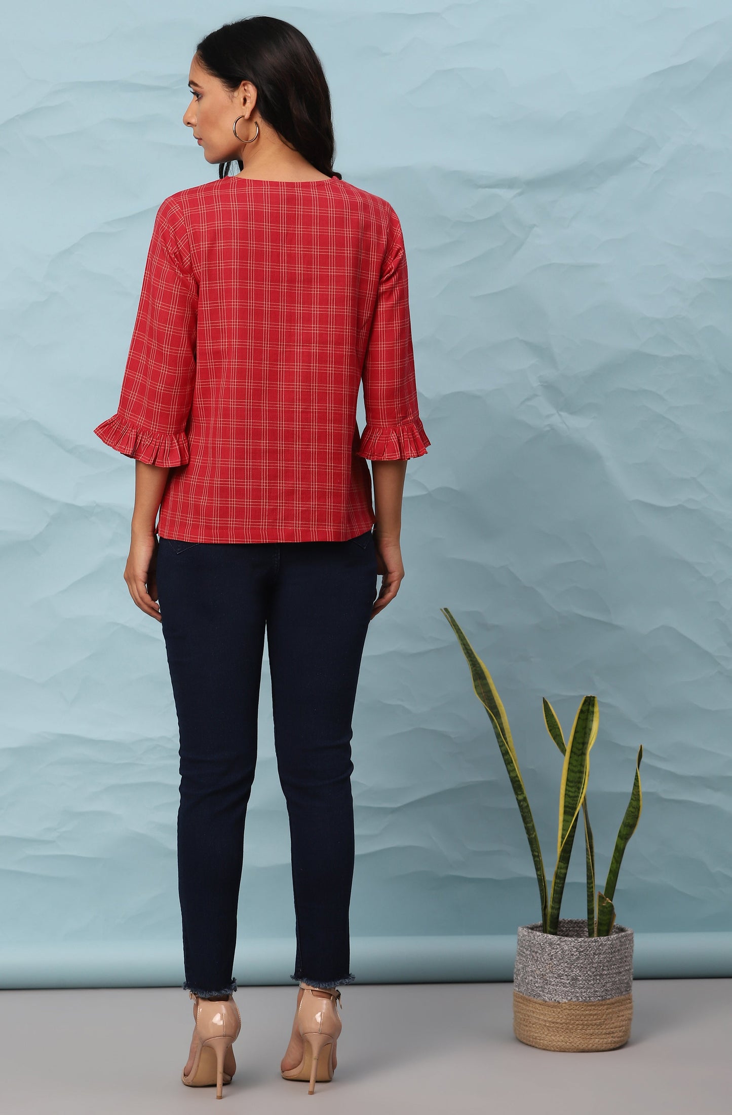 Janasya Women's Red Cotton Checkered Regular Top | Swadesiicart