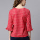 Janasya Women's Red Cotton Checkered Regular Top | Swadesiicart