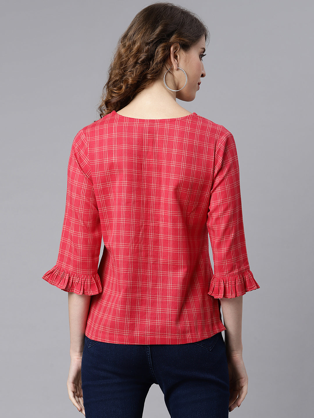 Janasya Women's Red Cotton Checkered Regular Top | Swadesiicart