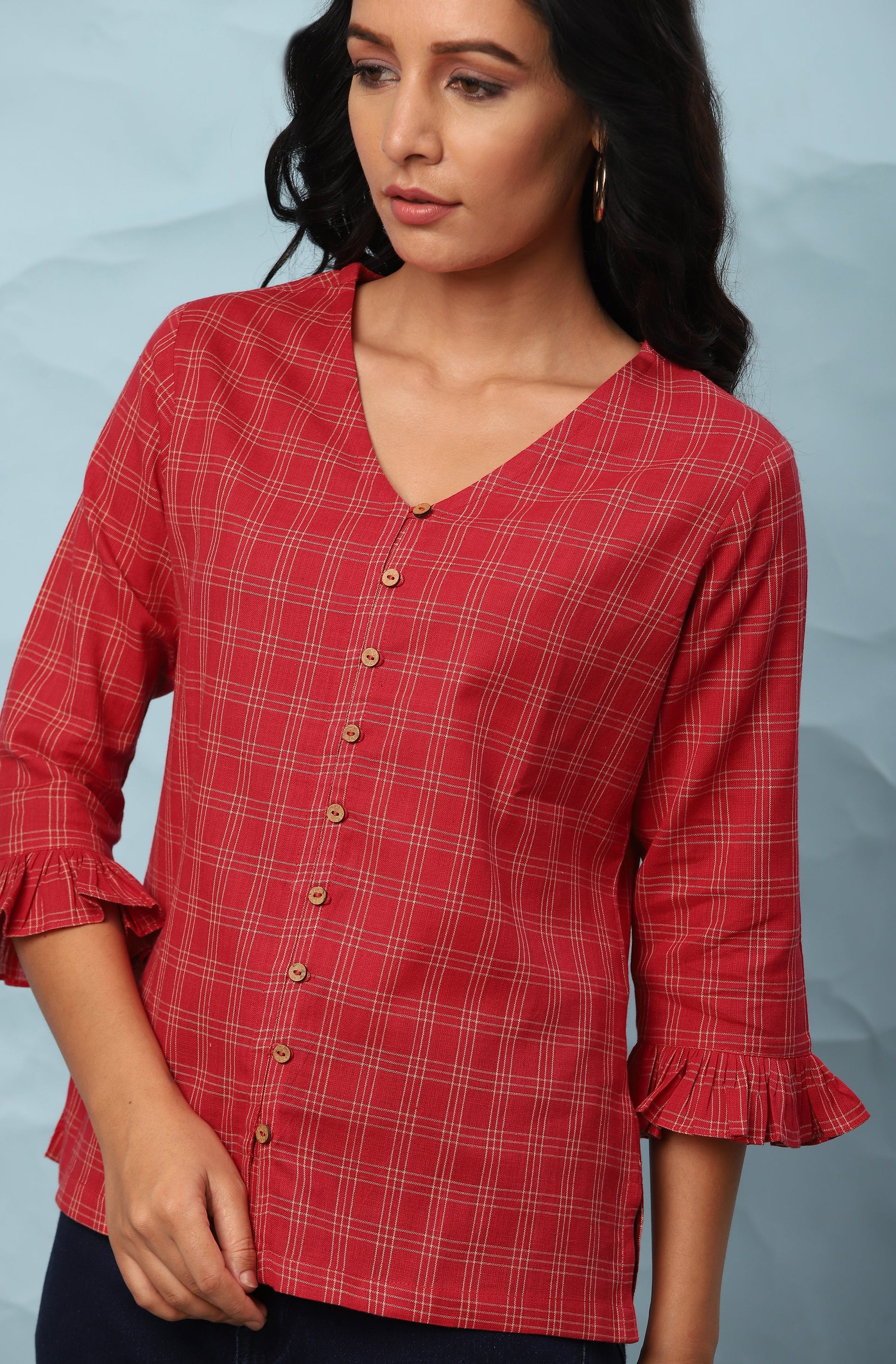 Janasya Women's Red Cotton Checkered Regular Top | Swadesiicart