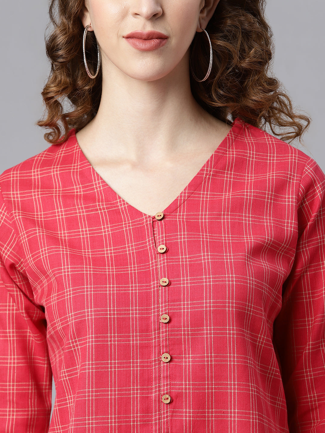 Janasya Women's Red Cotton Checkered Regular Top | Swadesiicart