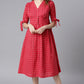 Janasya Women's Red Cotton Checkered Flared Western Dress | Swadesiicart