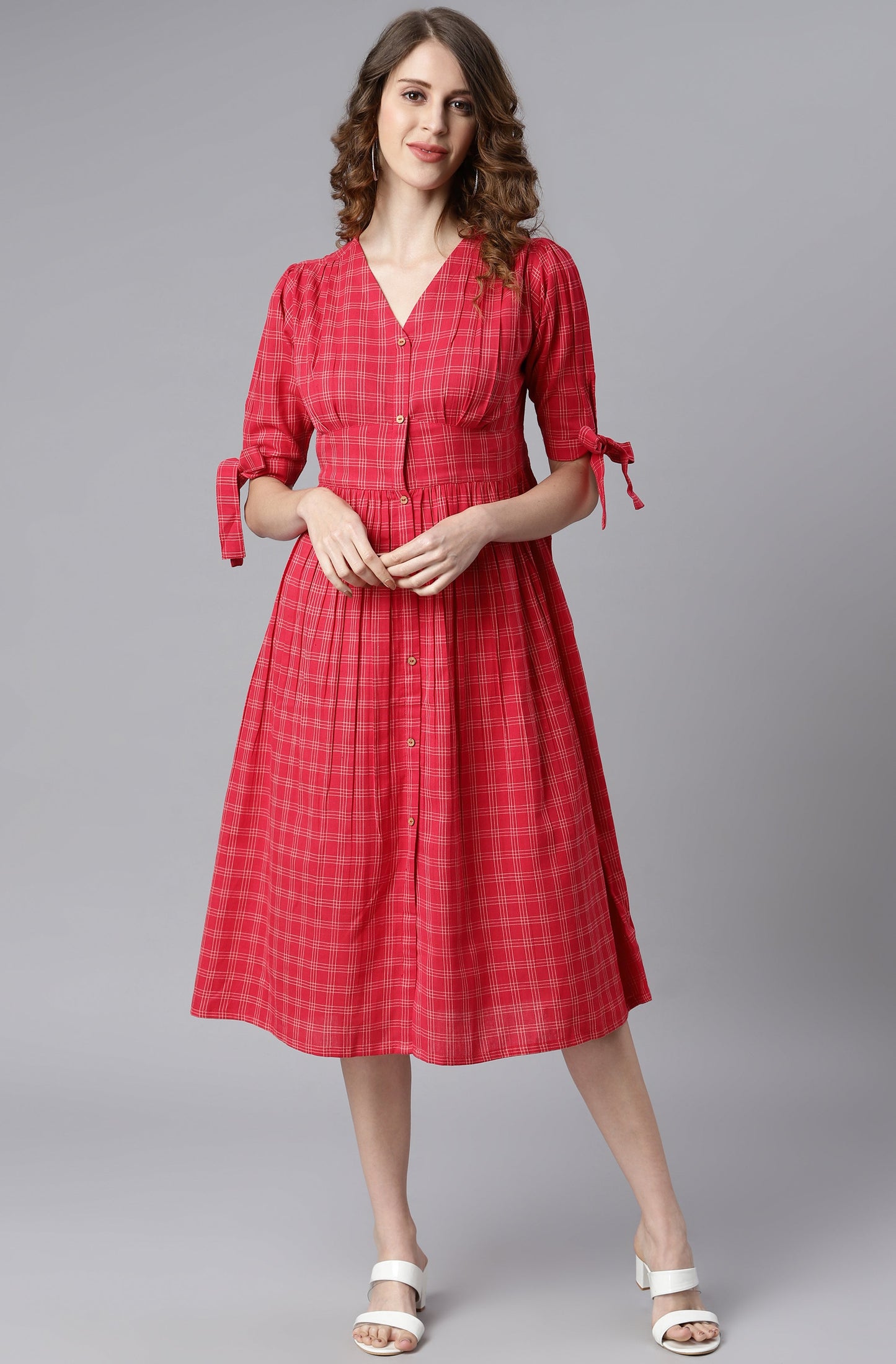 Janasya Women's Red Cotton Checkered Flared Western Dress | Swadesiicart
