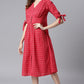 Janasya Women's Red Cotton Checkered Flared Western Dress | Swadesiicart