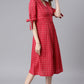 Janasya Women's Red Cotton Checkered Flared Western Dress | Swadesiicart