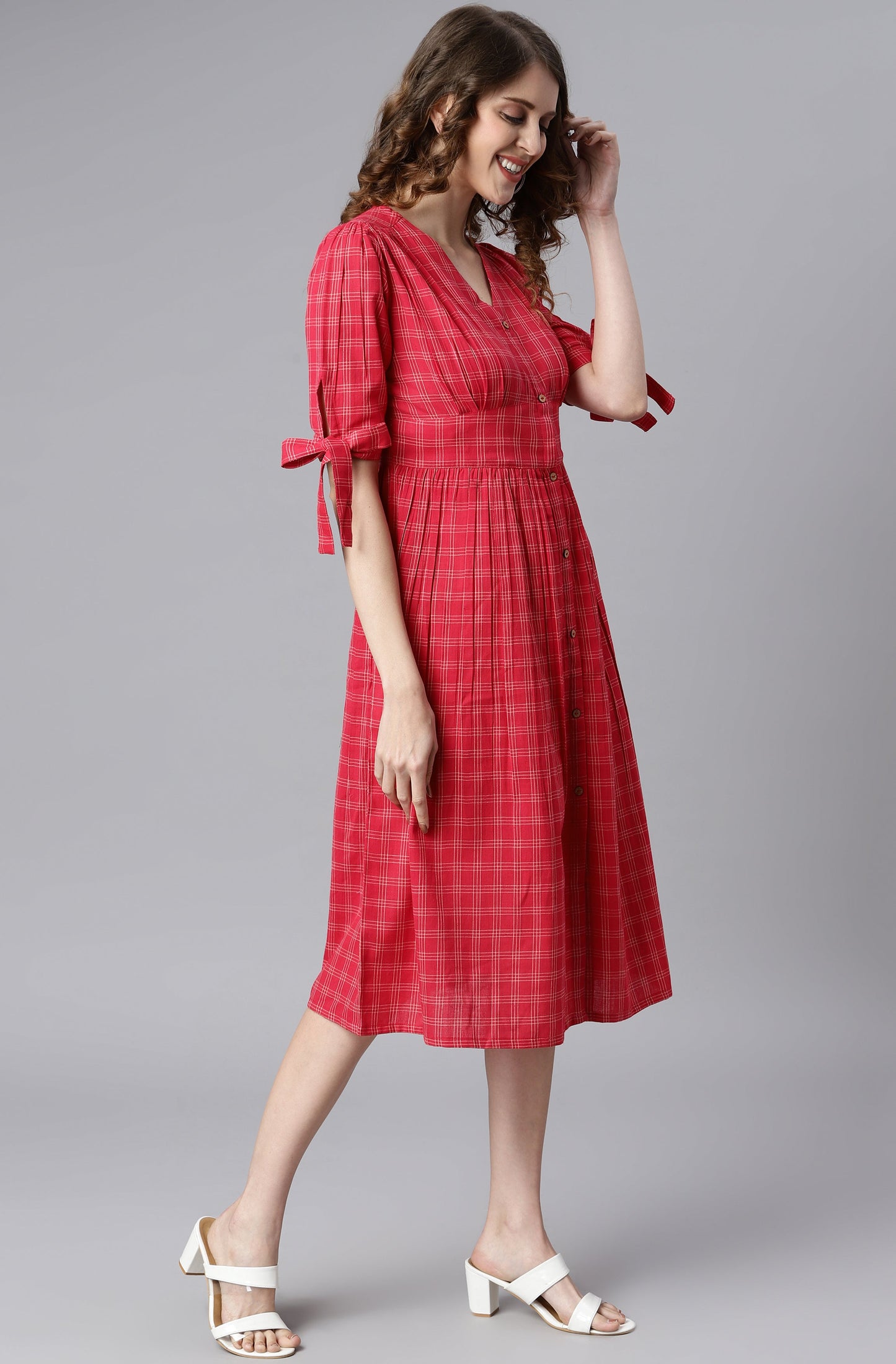 Janasya Women's Red Cotton Checkered Flared Western Dress | Swadesiicart