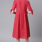 Janasya Women's Red Cotton Checkered Flared Western Dress | Swadesiicart