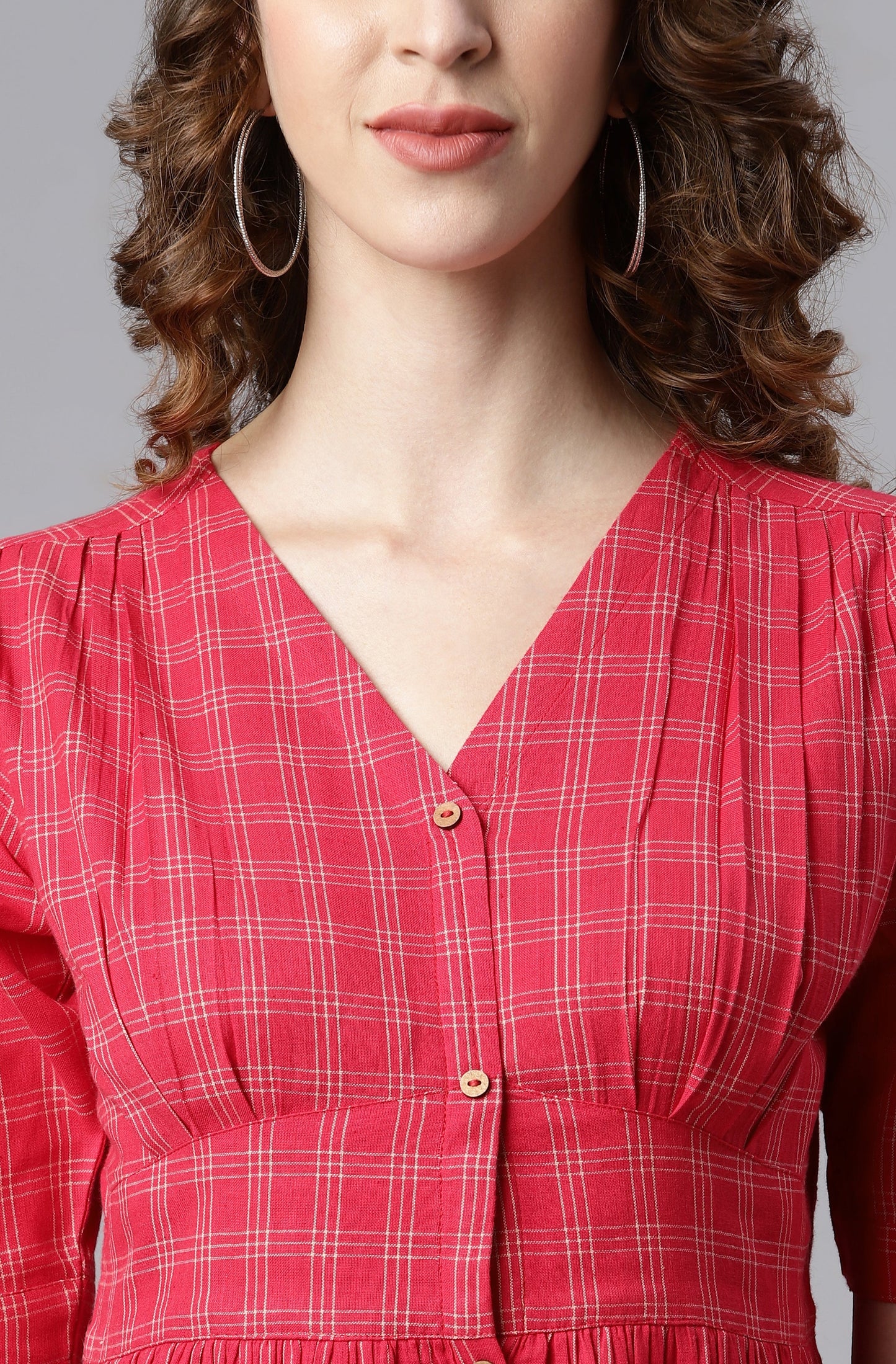 Janasya Women's Red Cotton Checkered Flared Western Dress | Swadesiicart