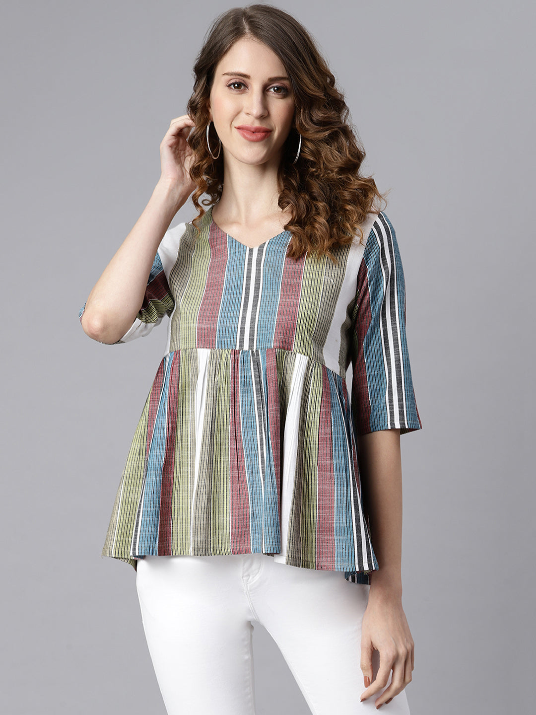 Janasya Women's Multicolor Cotton Striped Gathered Top | Swadesiicart
