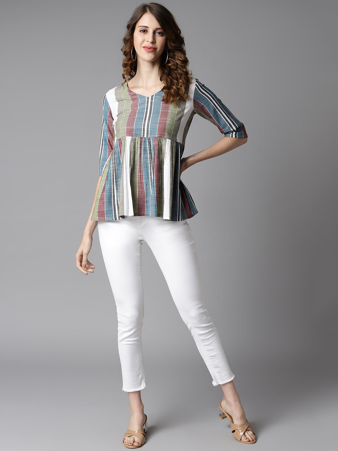Janasya Women's Multicolor Cotton Striped Gathered Top | Swadesiicart