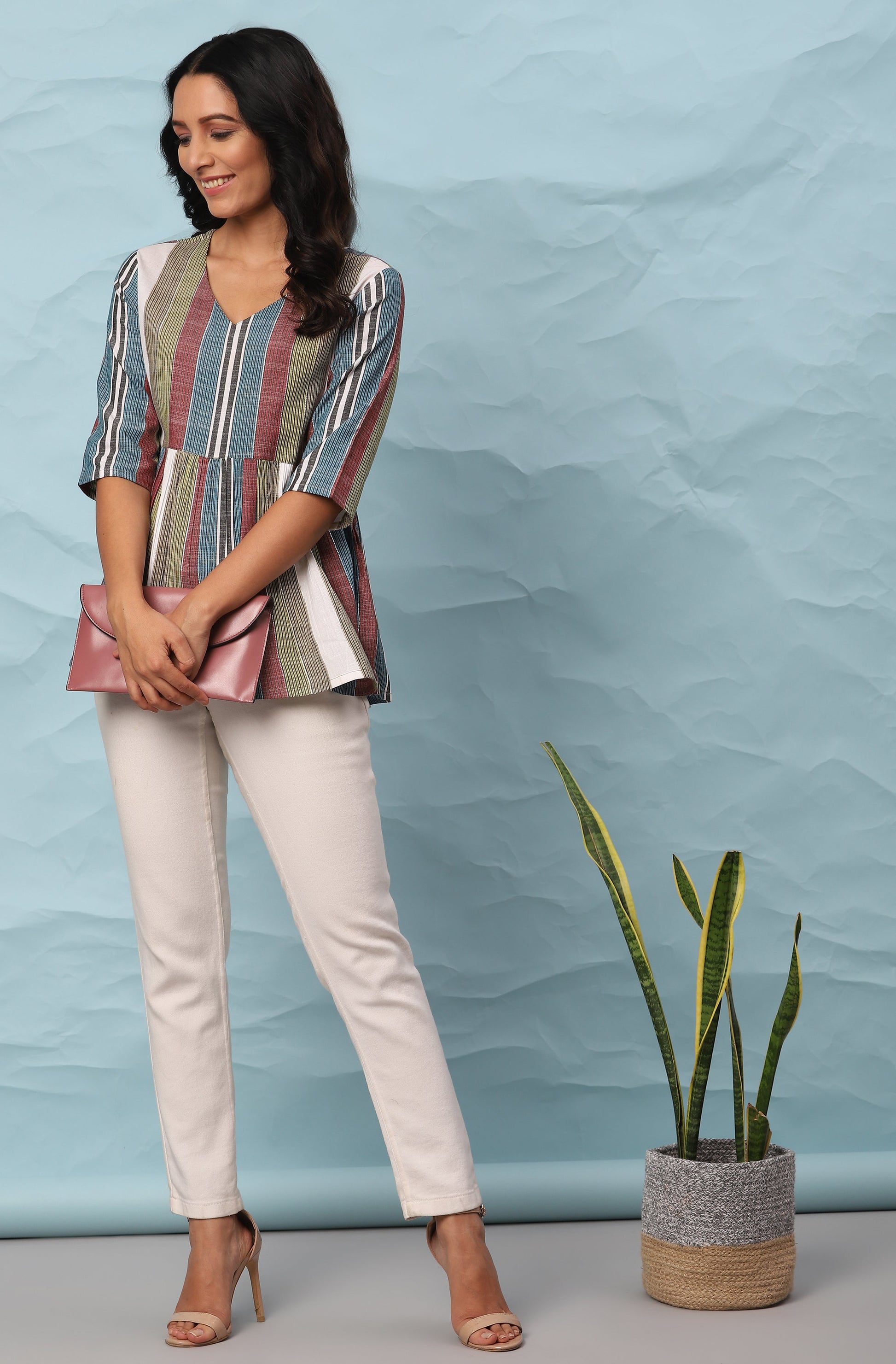 Janasya Women's Multicolor Cotton Striped Gathered Top | Swadesiicart
