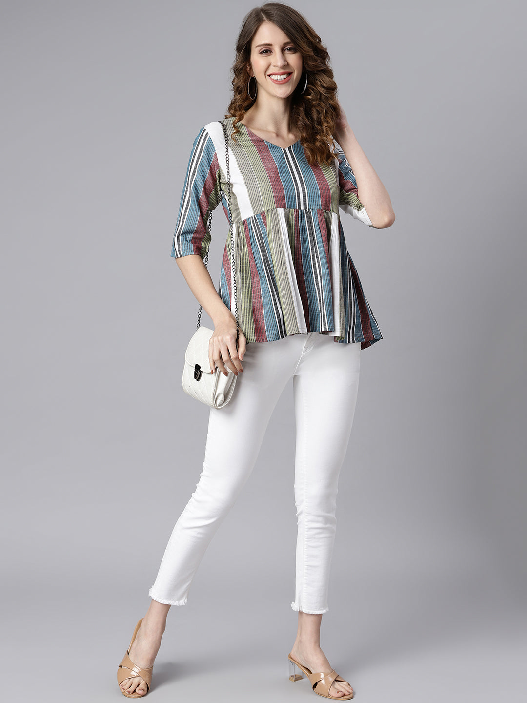 Janasya Women's Multicolor Cotton Striped Gathered Top | Swadesiicart