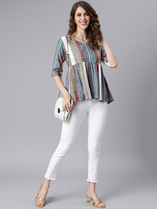 Janasya Women's Multicolor Cotton Striped Gathered Top | Swadesiicart
