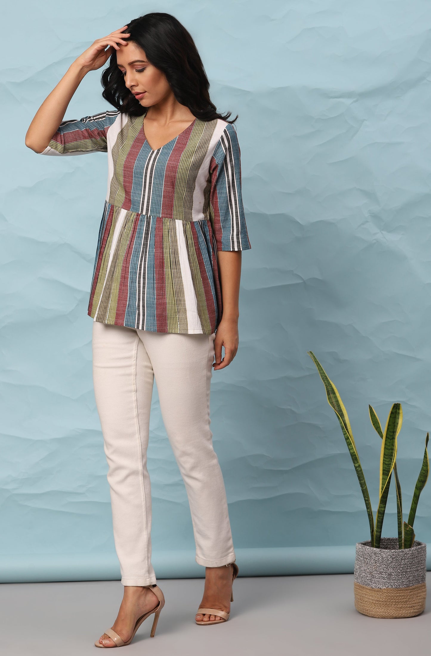 Janasya Women's Multicolor Cotton Striped Gathered Top | Swadesiicart