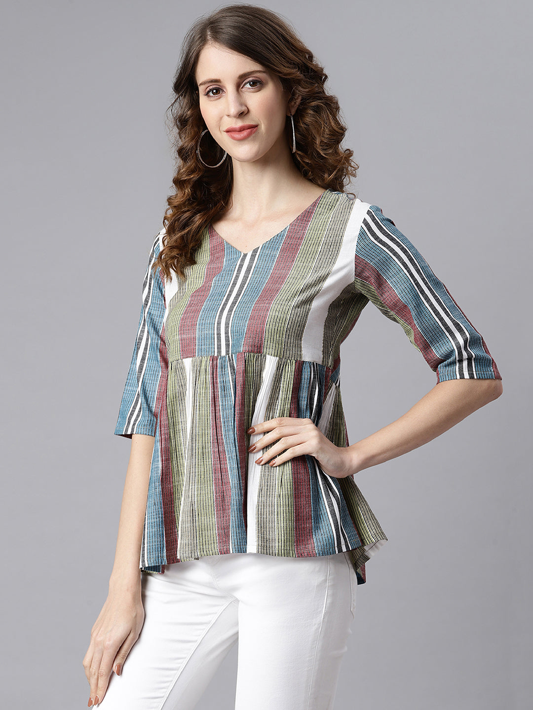 Janasya Women's Multicolor Cotton Striped Gathered Top | Swadesiicart