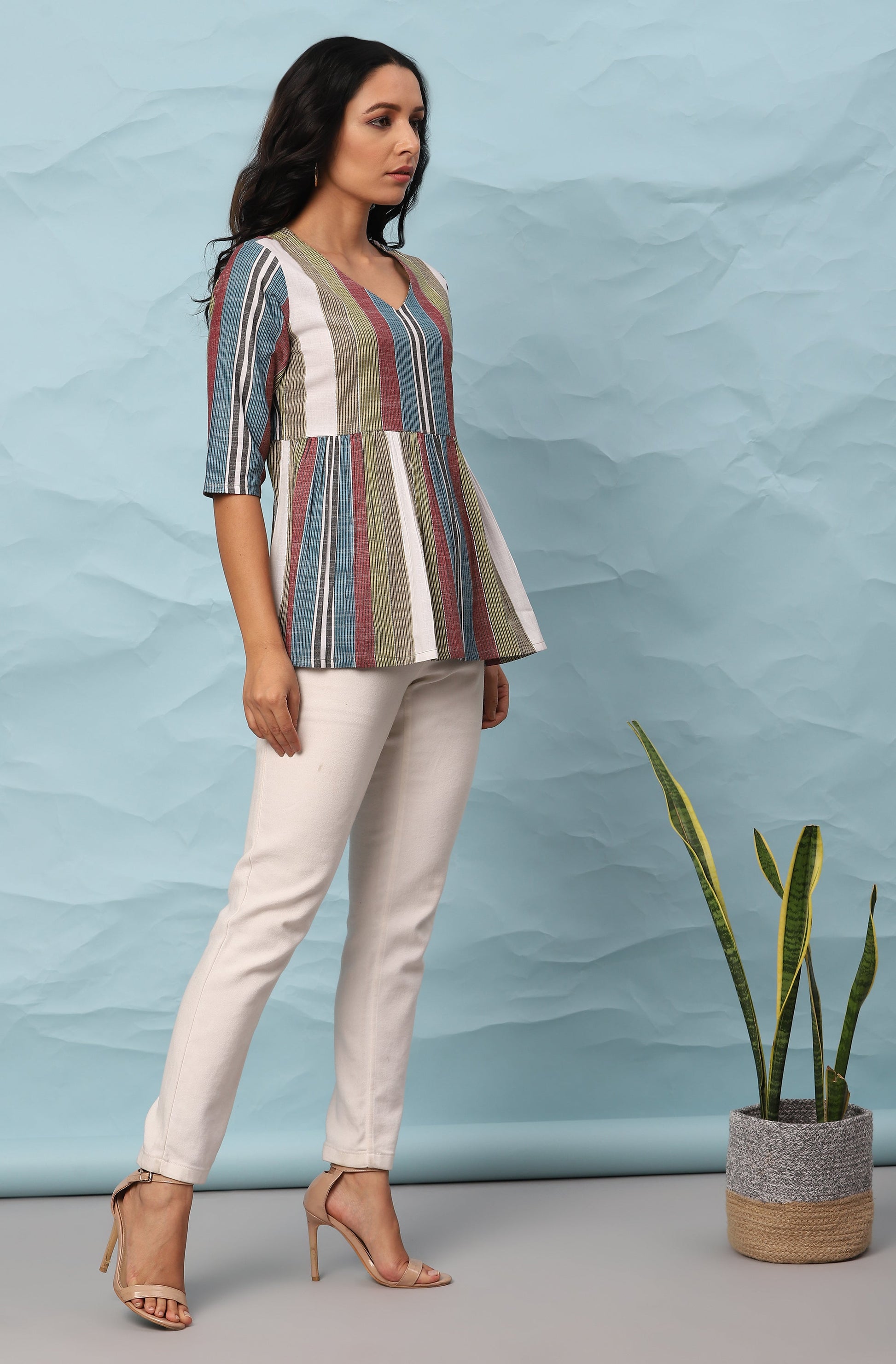 Janasya Women's Multicolor Cotton Striped Gathered Top | Swadesiicart